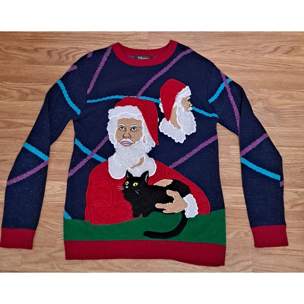 Small 33 Degrees Ugly Christmas Sweater Santa Holding A Black Cat Crazy Cat Lady
